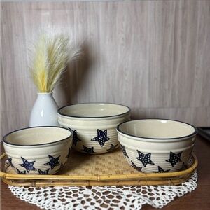 Marshall Pottery StonewareNesting Mixing Bowls Cobalt Blue Sponged Star Vintage
